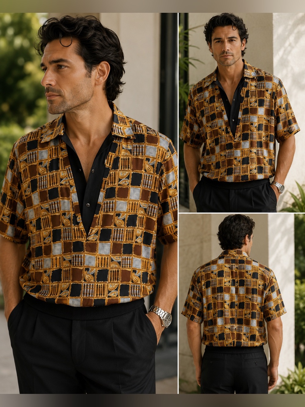 AVI ROSSINI Vintage Men’s Shirt Knit Bottom Brown Black  Retro Rockabilly small